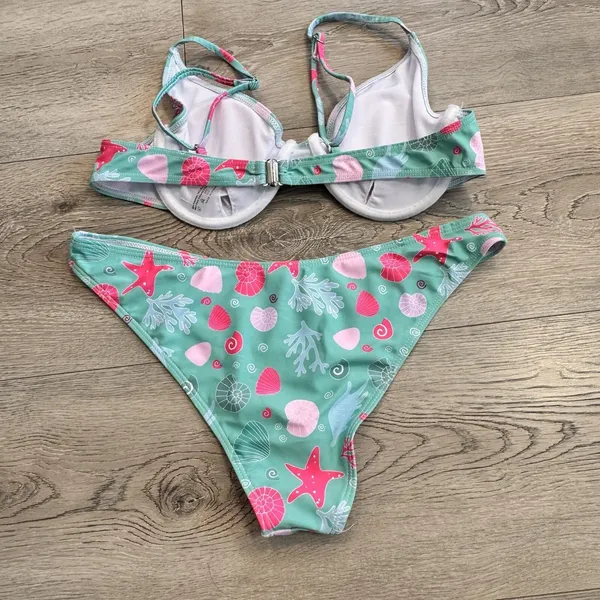 Bikini Underwire Seashell Push Up Swimsuit Two‎ Piece size Medium Cheeky Blue - Image 3