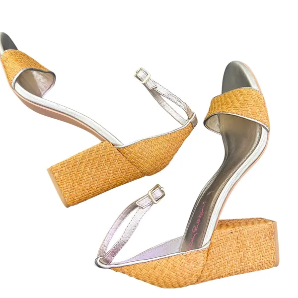 Lilly Pulitzer Chunky Block Heel Sandals Size 9.5 Metallic Gold‎ Open Toe Straw - Image 2