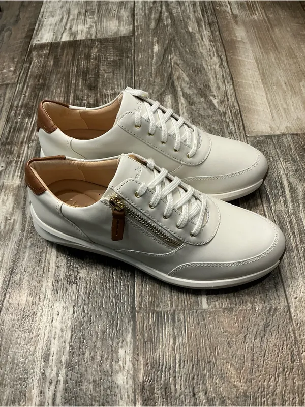 Clarks Women's White Leather Sneakers with Gold Zip and Brown Accents Size 8.5 - Image 14