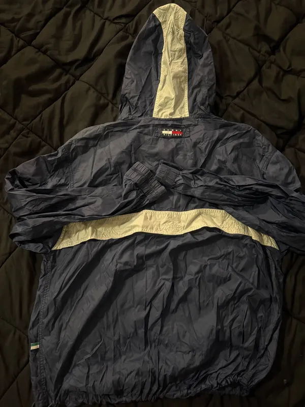 {TOMMY HILFIGER} Vintage Navy Blue Hooded Anorak Pullover Spellout Windbreaker - Image 7