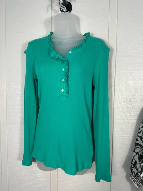 Lilly Pulitzer Green Ribbed Top with Ruffle Neckline Size Large EUC - Image 3