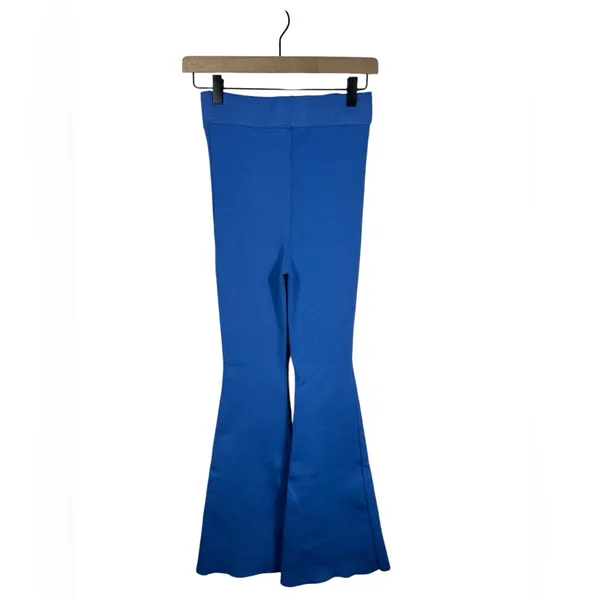 MNG Mango Blue‎ Flare Leg Pants Women’s Small High Rise Knit Bell Bottom Stretch - Image 3