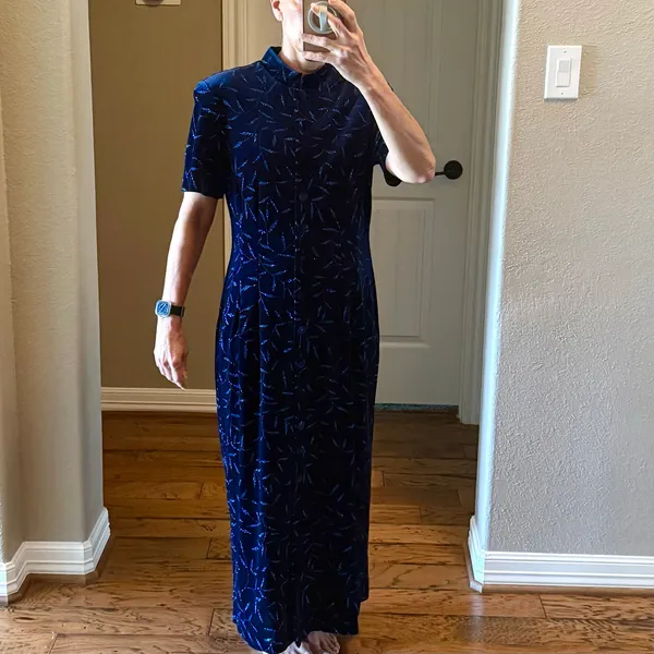 Another Thyme Blue Velvet Maxi Dress Glitter Leaf Pattern Vintage 18 Large 8 -10 - Image 9