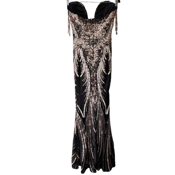 Faeriesty Sequin Mermaid Gown‎ Sz S Black Gold Strapless Evening Formal Prom - Image 4