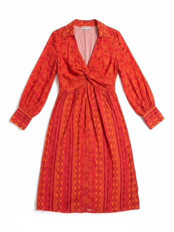 Farm Rio Midi Dress Womens Small Red Orange Long Sleeve V-Neck - Image 5