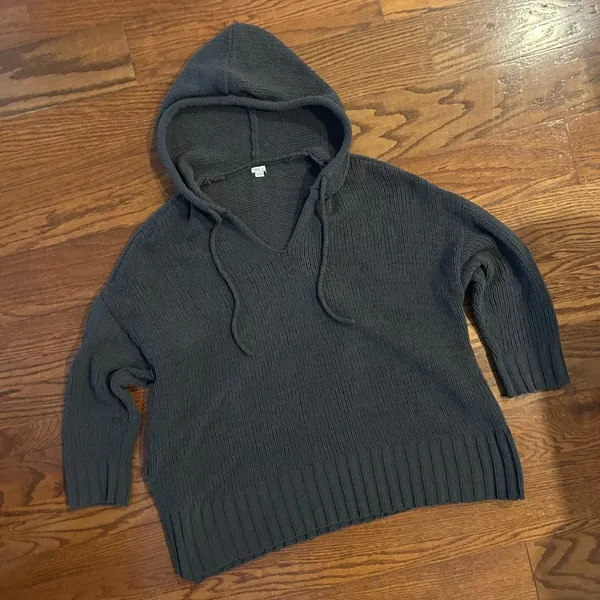 Aerie Oversized Chunky Knit Hoodie Drop Shoulder Size Large Dark Gray - Image 3
