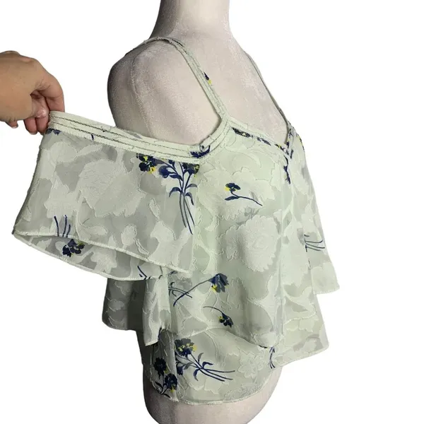 Lucky Brand Cold Shoulder Floral Blouse M Mint Green Flocked Ruffle Layers - Image 5