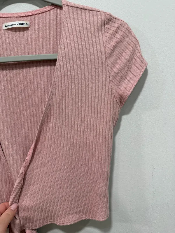 Reformation Jeans Pink Ribbed Tie Front Crop Top Size Small - Image 3