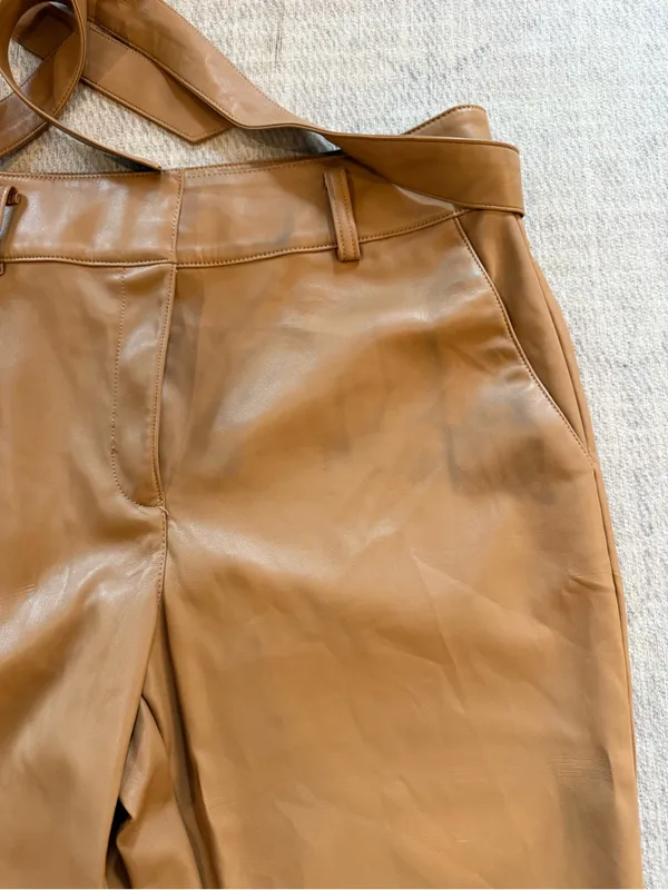 LOFT Cognac Brown Faux Leather Belted Straight Leg Pants Size 12 - Image 7