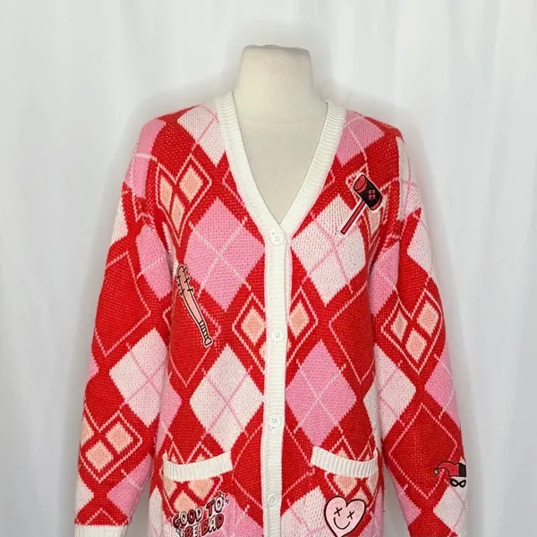 HARLEY QUINN Argyle Cardigan Sweater DC Comics Harlequin Batman Joker Small - Image 3