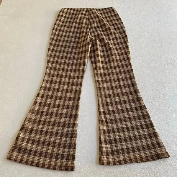 Stitch & Pine Brown Plaid Flare Pants Women’s Small Retro Stretch - Image 2