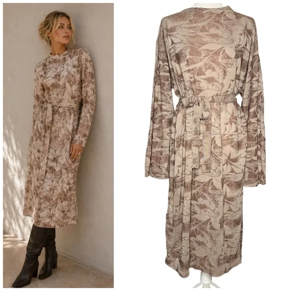 Zara Midi Dress Sz Large Long Mock Neck Party Career Belt Neutral Floral Stretch - Image 2