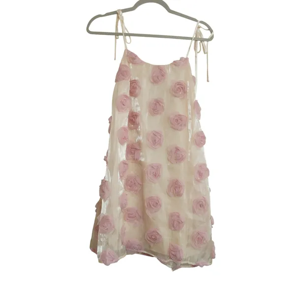 Lulus Size Medium Pink 3D Floral Rosette Mini‎ Dress Cream Tie Strap Babydoll - Image 3