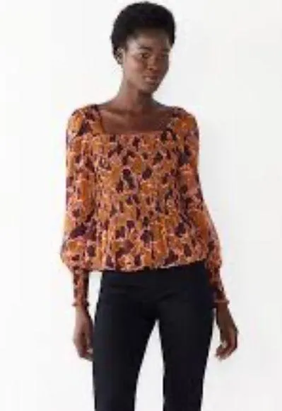 Nine West size medium brown purple floral sheer smocked long sleeve blouse - Image 2