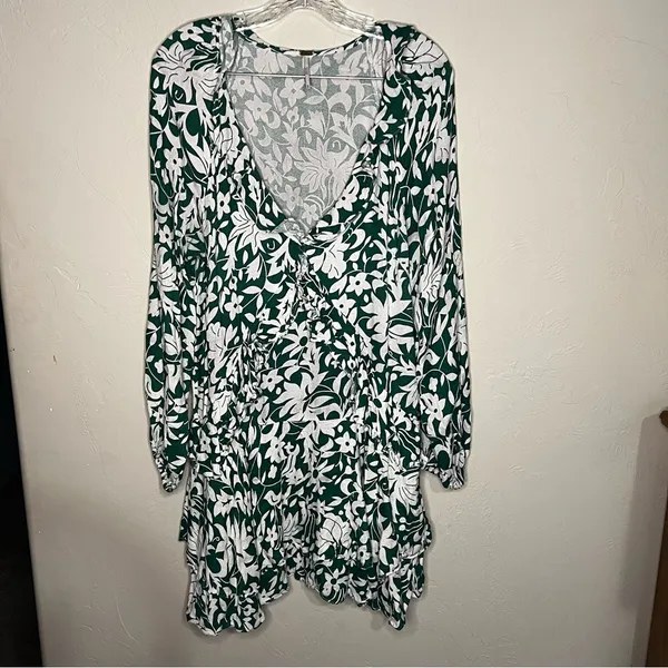 Free People‎ Rebecca Floral Green White Ruffle Tiered Long Sleeve Mini Dress - Image 3