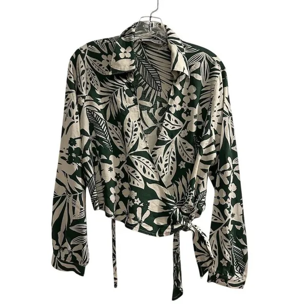Stile Collection Women's Floral Wrap Blouse Green‎ V-Neck Long Sleeve S - Image 2