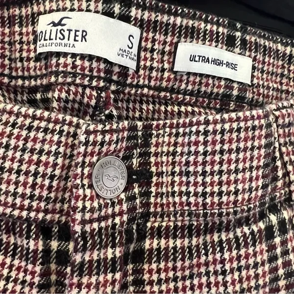 Hollister Women's Sz Small Ultra High-Rise Pant Plaid Houndstooth Beige Burgundy - Image 11