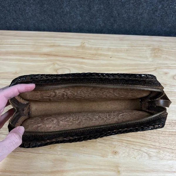 Vintage Hand Tooled Leather Floral Clutch Bag Dark Brown Whipstitch Western Boho - Image 5
