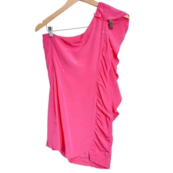Madison Marcus Dress‎ XS One Shoulder Silk Pink Ruffle Mini Sequin Detailed - Image 3