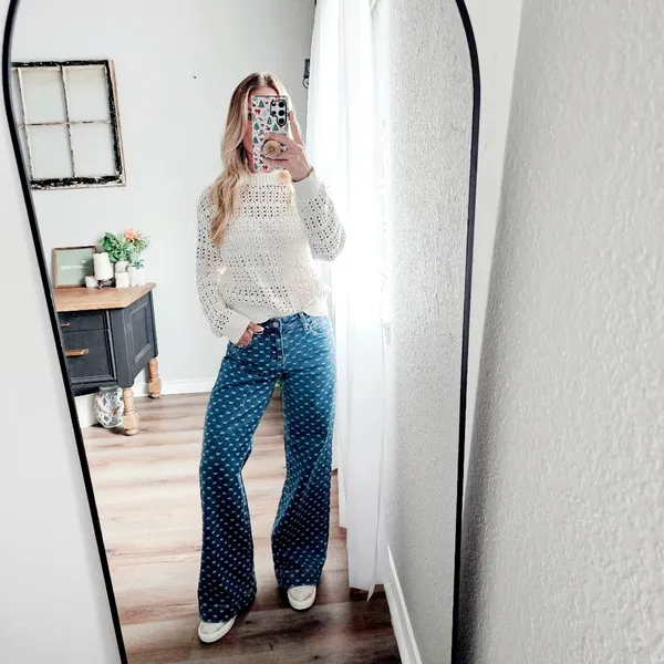 Wide Leg Blue Patterned Jeans - Women's Flare & Wide Leg - Image 14