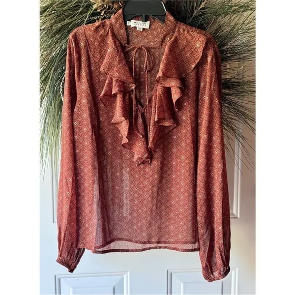 Molly Bracken western long sleeve sheer tie neck high neck ruffle blouse small - Image 3