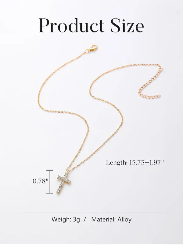 Gold Alloy Crystal Cross Pendant Necklace Cable Chain Lobster Clasp 15.75" Adj - Image 6