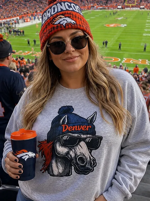 Denver Broncos Bronco wearing a Beanie Gray Sweatshirt - Image 3