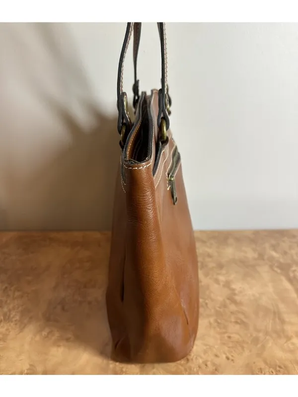 Patricia Nash Cognac Leather Tote Shoulder Bag Contrast Stitching Large Zip Top - Image 7