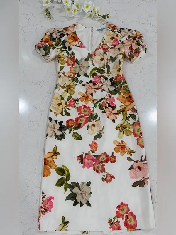 ANTONIO MELANI White Floral Midi Dress with Pink, Green & Yellow Accents - Image 7