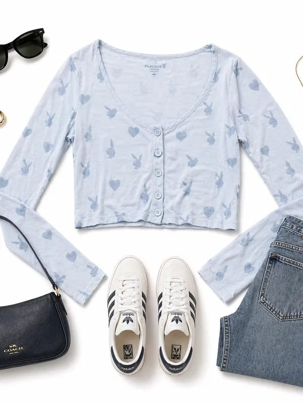 Playboy PacSun Y2K Bunny Heart Print Blue Cropped Cardigan Top Womens Small GUC - Image 6