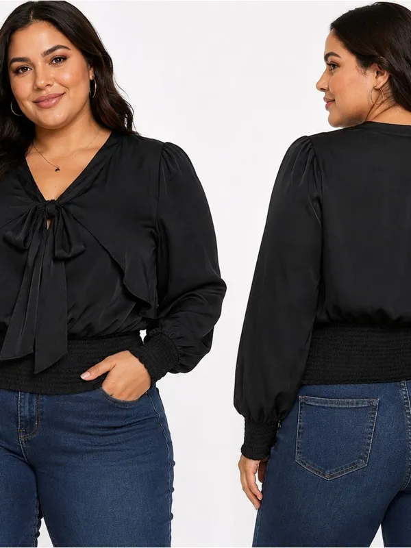 Plus-Size Black Tie-Neck Blouse with Smocked Waist - Image 2