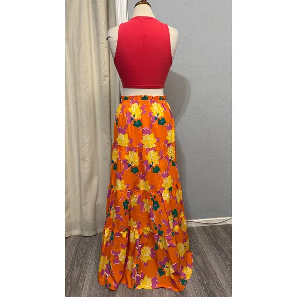 Lulus 100% Cotton‎ Maxi Skirt M Orange Floral Tiered High Waist Boho Summer - Image 14