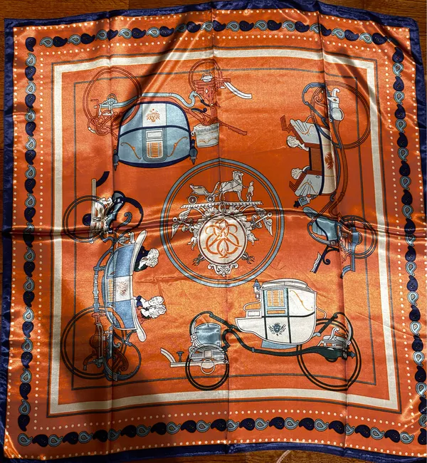 Vintage Equestrian HORSE&CARRIAGE print orange/blue oversized silky Scarf 35/35 - Image 6