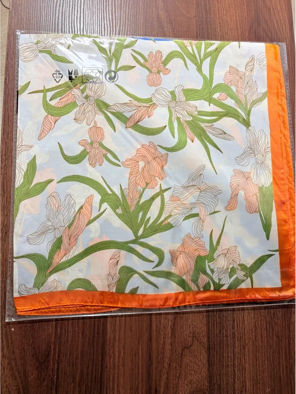 Elegant Floral Square Scarf with Blue, Orange, Green, and White Pattern - Image 4