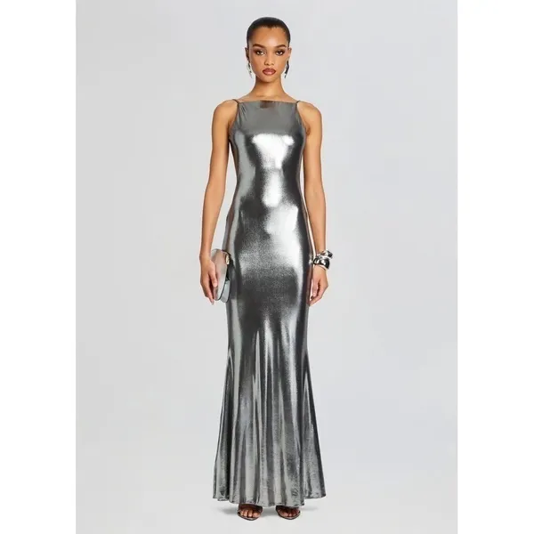 Retrofête‎ Romilly Metallic Maxi Dress Gunmetal Size L - Image 3