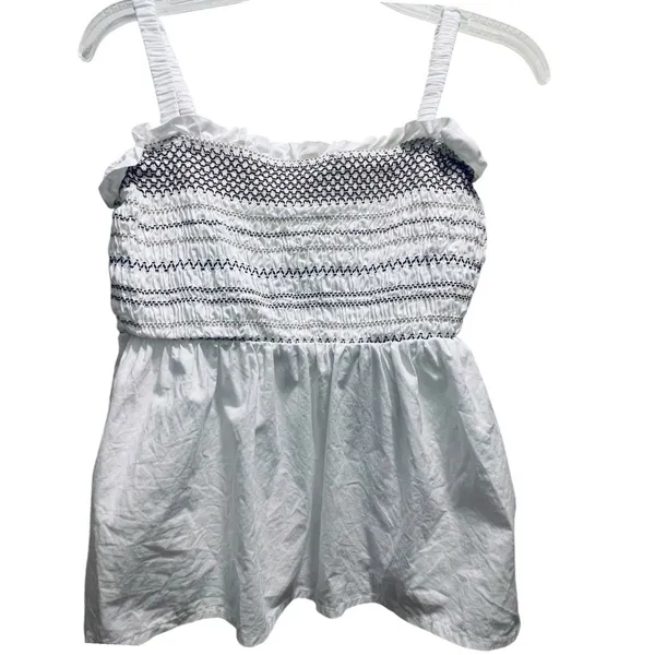 Old‎ Navy Womens White Smocked Babydoll Camisole Top Blue Embroidery Small - Image 2