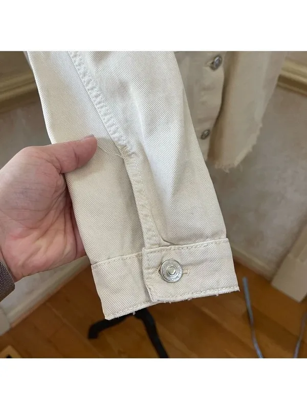 ZARA Cream Beige Cropped Frayed Hem Denim Cotton Jacket Utility Casual Boxy XL - Image 5