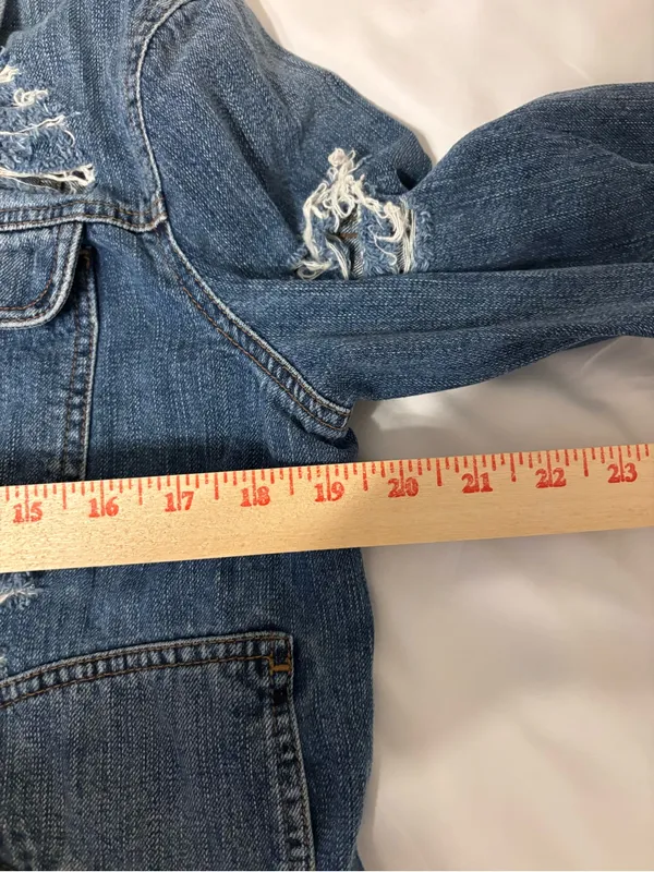 Lauren Jeans Co Ralph Lauren Distressed Denim Jacket Large Zip Pocket Trucker - Image 3