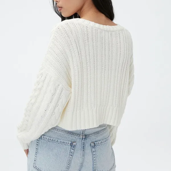 NWT Aeropostale Oversized Cable Knit Cropped V Neck Cardigan Sweater Cream XL - Image 3