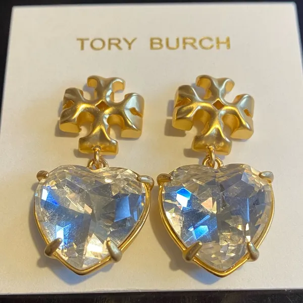 Tory Burch Kira Crystal faceted heart drops hanging from TB logo studs - Image 9