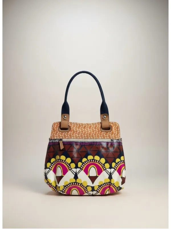 Fossil Key-Per Coated Canvas Tote Bag Vinyl Boho Tribal Print Shoulder Purse - Image 2