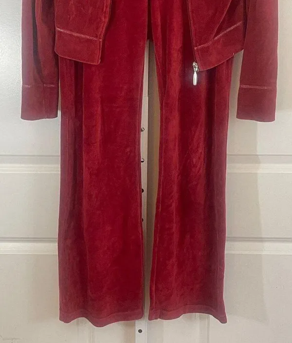 Esprit Y2K Retro Velour Tracksuit - No Size Tag - Red - Image 4