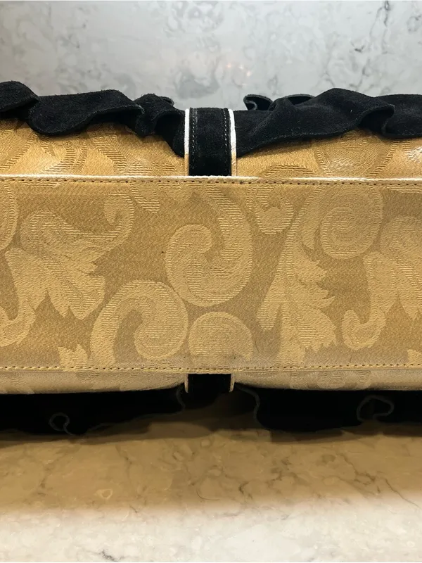 Black Ruffle Suede Satchel with Gold Accent - Image 12