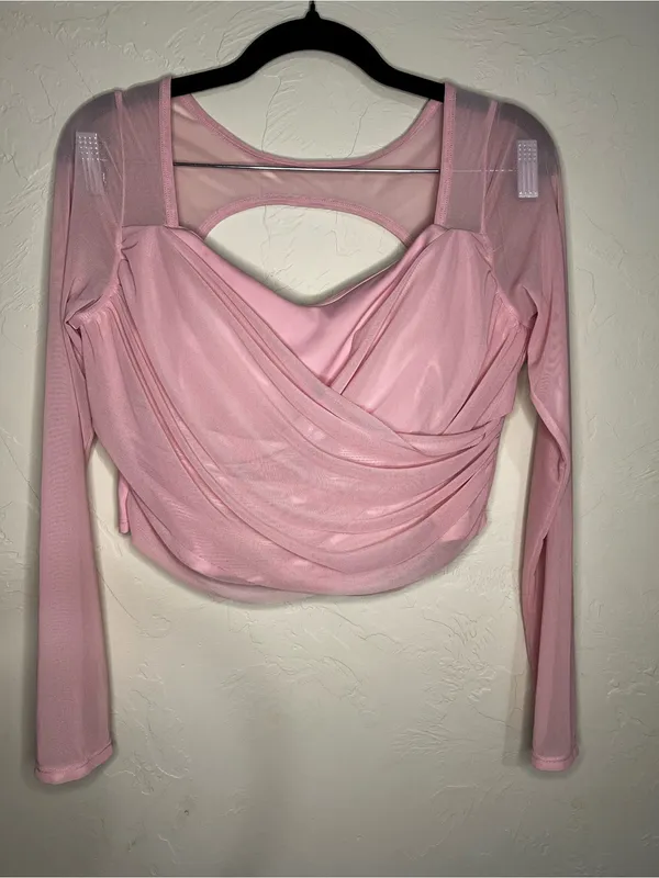 Laslulu Pink Mesh Crop Top Double Lined Athletic Back Cutout Top - Image 2