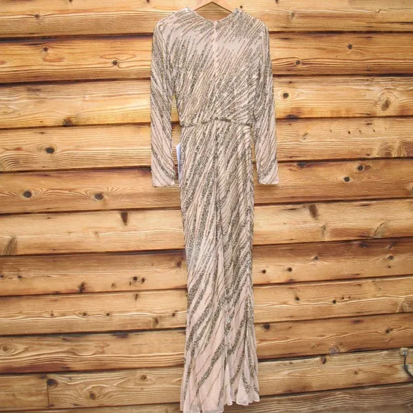 Mac Duggal Long Sleeve Beaded Column Gown Dress Mocha Size 4 - Image 11