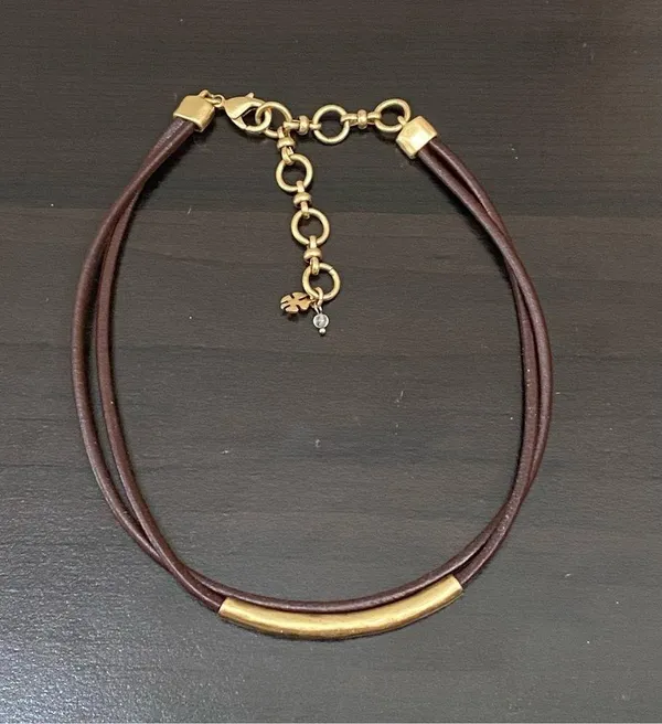 LUCKY BRAND Dark Brown Double Leather With Gold Bar Choker Necklace - Image 6