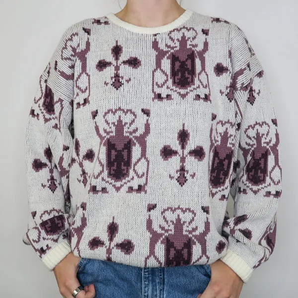 Vintage 80s Geometric Abstract Purple Sweater - Image 2