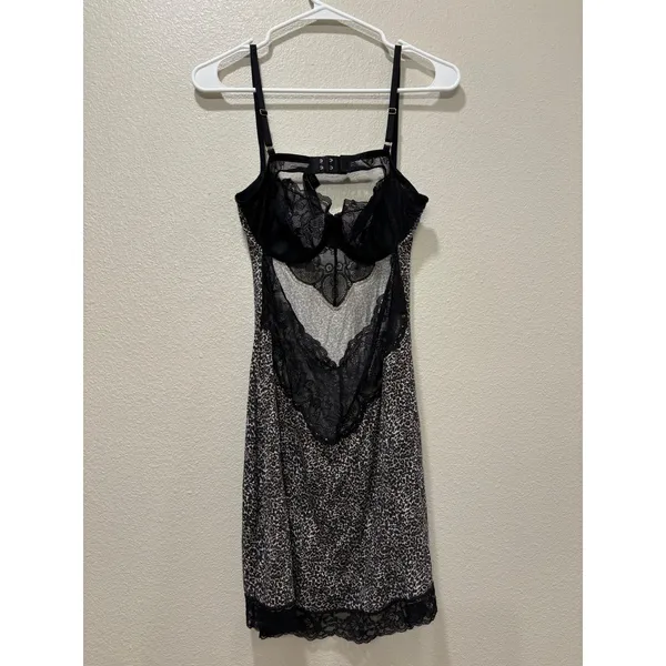 Victoria's Secret Leopard Print Lace Trim Underwire Slip Dress Black Y2K Large - Image 2