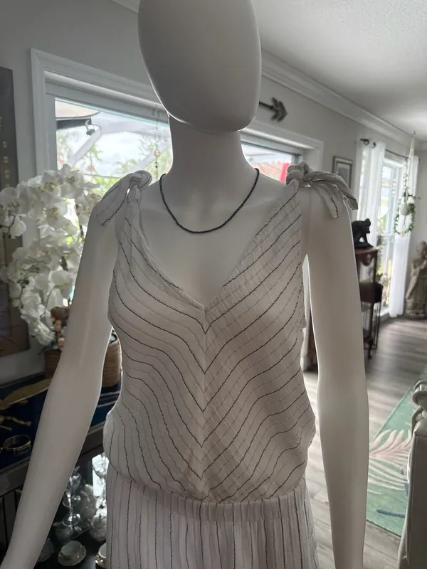 4OUR DREAMERS White Pinstripe Linen-Blend Tie-Shoulder Jumpsuit - Image 4