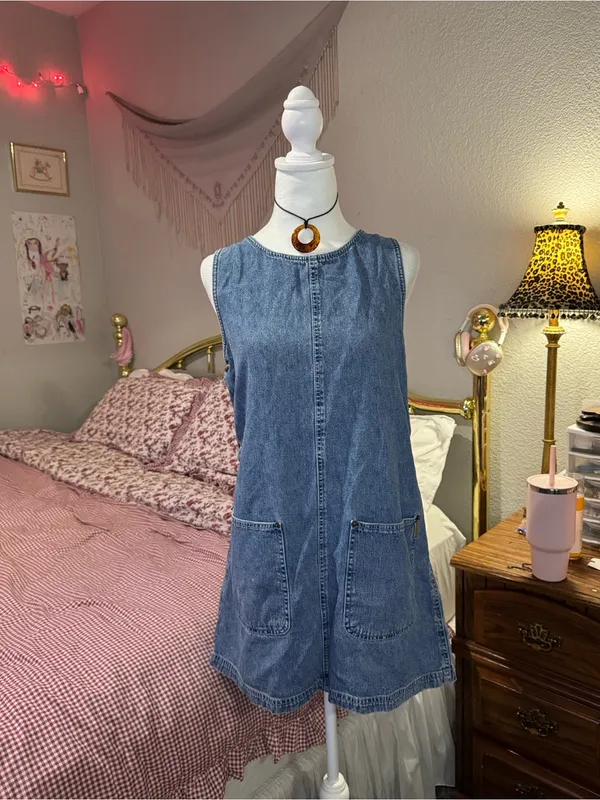 Vintage Sleeveless Blue Denim Pocket Shift Dress - Image 7